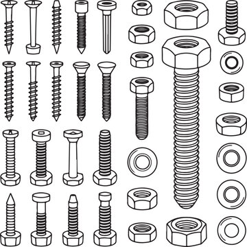 Assorted fasteners and hardware components illustration