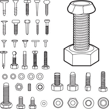 Assorted types of screws, bolts, and nuts in a mechanical hardware illustration