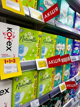 28.03.2026 Ukraine, Kharkov, Naturella and Kotex Feminine Hygiene Products on Supermarket Shelf