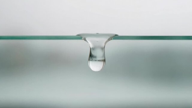 The video captures a close up sequence of a single droplet impacting a flat, transparent surface, likely glass or a similar material