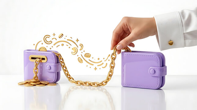 A hand holding a purple purse with a gold chain