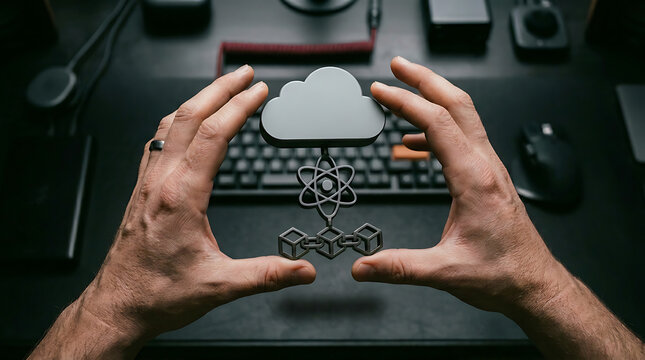 Person holding cloud over keyboard with atom symbol