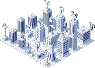 Fototapeta premium Isometric Smart City Illustration with IoT Sensors, Green Energy Icons, and Urban Environmental Monitoring Data for Sustainable Infrastructure Concept