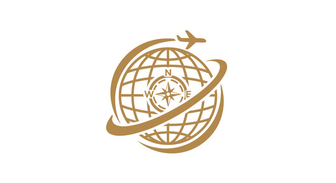 Elegant golden globe with a compass and airplane for travel agency.