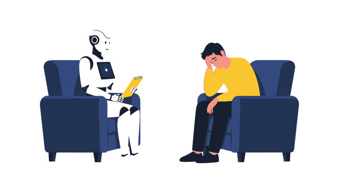 Artificial intelligence robot providing therapeutic support to a distressed human seeking mental health assistance, illustrating the evolving role of technology in wellness and emotional well-being se