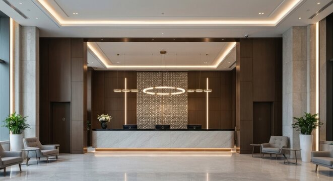 Elegant hotel lobby with reception desk, chairs, and plants