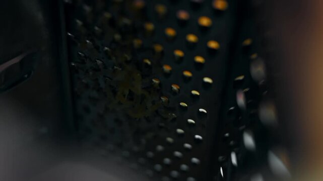 Lemon being zested, captured from inside the grater
