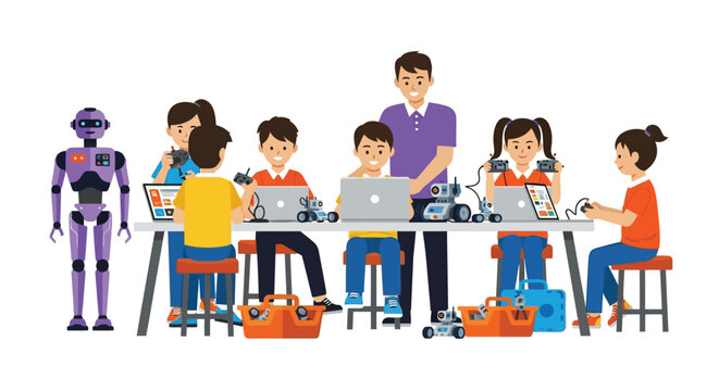 Group of cheerful children and their instructor working together on engineering projects involving robotics and computer coding in a modern classroom setting with a friendly robot assistant standing n