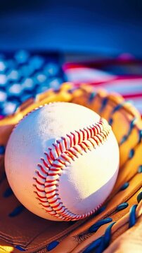 Vertical patriotic baseball and glove with American flag background. Ideal for sports promos, 4th of July social media stories, and national holiday greetings.