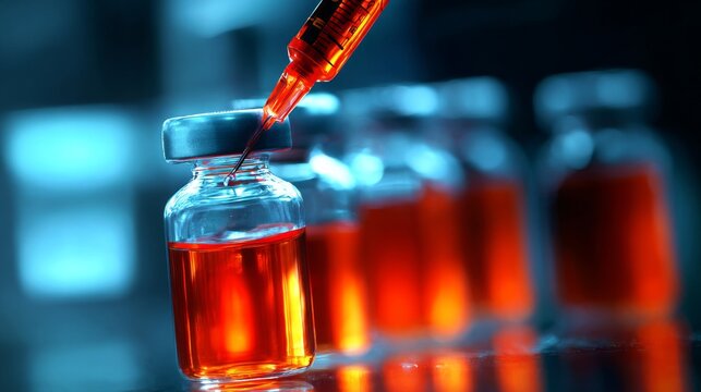 Syringe Needle Piercing Rubber Stopper of Amber Liquid in Medical Vial