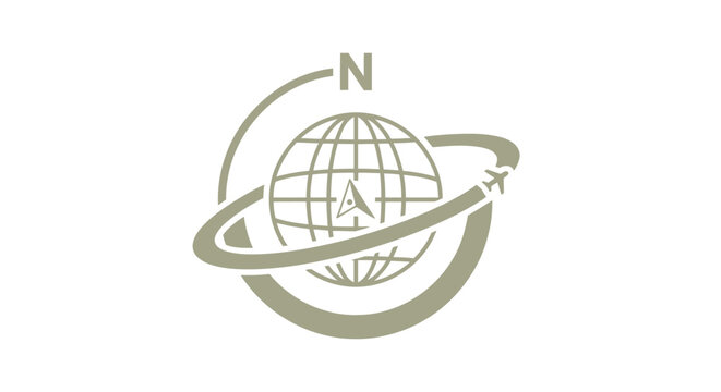 Elegant Globe Icon with Orbiting Ring and North Symbol.