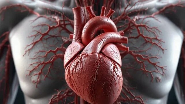 A detailed 3D rendering of a human heart with veins and arteries visible inside the upper torso. beating video
