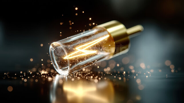 Glowing filament lightning inside a glass tube with gold cap and bokeh sparks for energy background and product detail