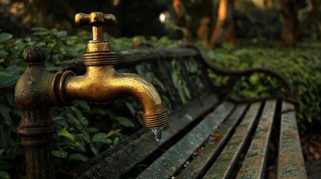 Vintage bronze water tap with a drop falling, installed outdoors near a wooden bench and lush greenery.