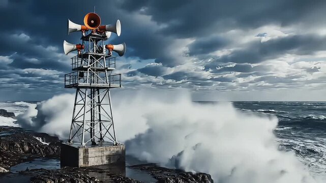Stormy weather alert tower on rocky coastline with emergency broadcast system warning signals