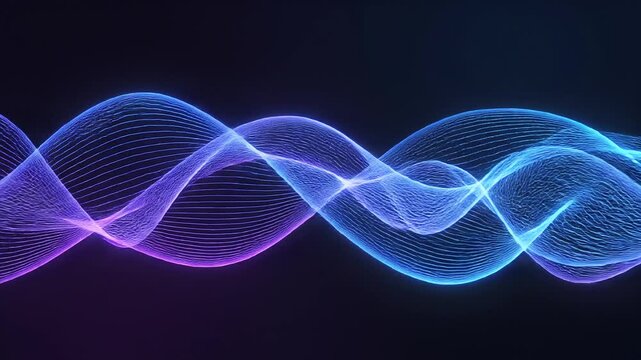 Abstract glowing wave animation featuring neon blue and purple mesh lines undulating in a seamless loop against a deep dark background, fluid digital motion graphic backdrop.
