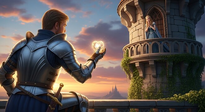 Knight Offers Glowing Heart to Princess in Castle Tower at Sunset