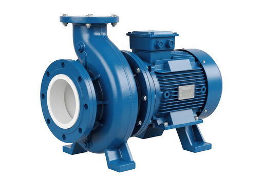 Blue industrial pump with impeller and volute isolated on transparent background