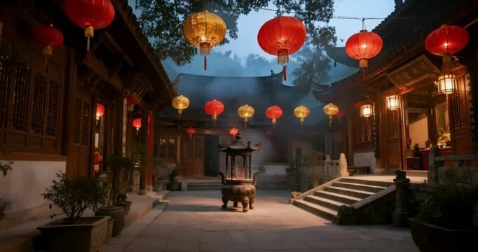 Red and yellow lanterns in the tample at night
