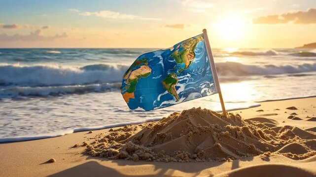 A flag depicting the world map planted in sand on a beach at sunset, symbolizing global awareness.