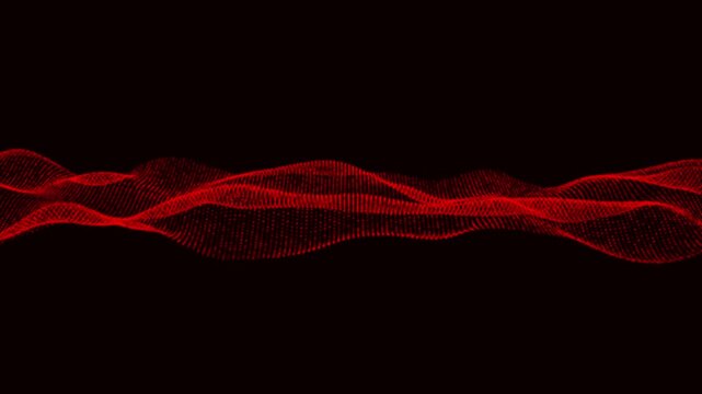 Abstract glowing red wave of particles on a black background science technology data flow motion