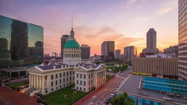St. Louis, Missouri, USA downtown cityscape with the old courthouse at dusk 5036