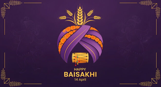 baisakhi festival celebration turban drum instrument wheat flower typography text art design graphic silhouette background