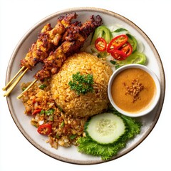 Fototapeta premium Nasi goreng ayam Indonesia food plate with fried rice chicken isolated on a white background