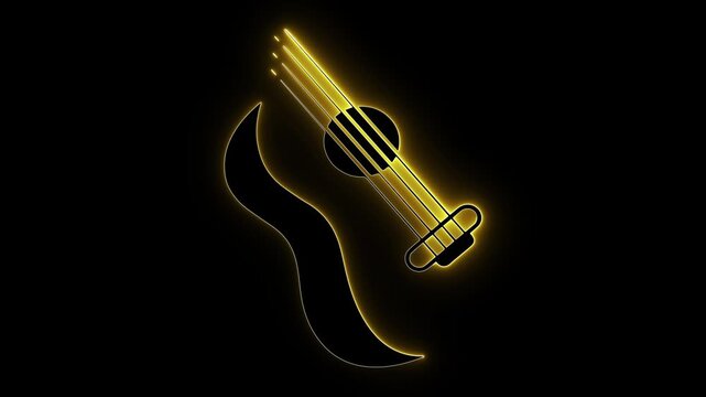 Minimal guitar art. Glowing strings. Golden sound wave. Abstract audio. Neon music logo. Sleek guitar icon. Radiant melody. Modern sound art. Black gold vector. Musical vibration.