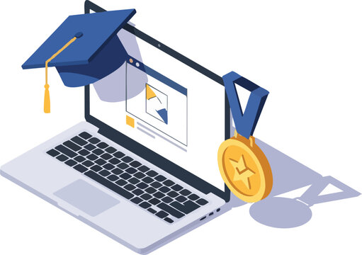 Isometric Illustration of Online Education Concept with Laptop, Graduation Cap, and Gold Medal - E-learning Success and Distance Learning Academic Achievement