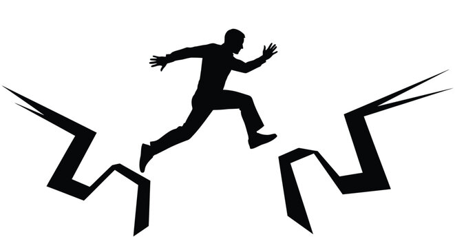 Dynamic vector graphic illustration of a person confidently leaping over a symbolic jagged crack