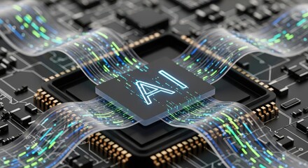 Obraz premium Artificial intelligence chip with glowing data streams flowing across a complex circuit board