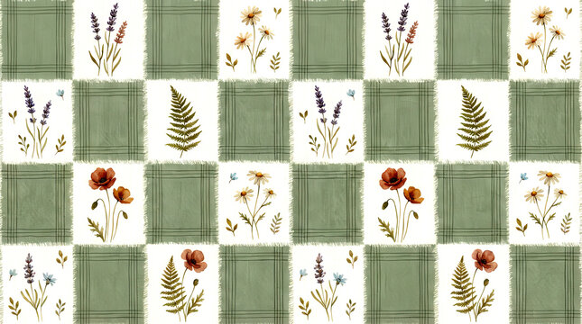 Seamless floral patchwork pattern with botanical lavender, poppies, and ferns on sage green gingham check for rustic farmhouse textile design
