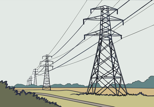 High voltage electricity pylons in a row carrying power lines across the landscape