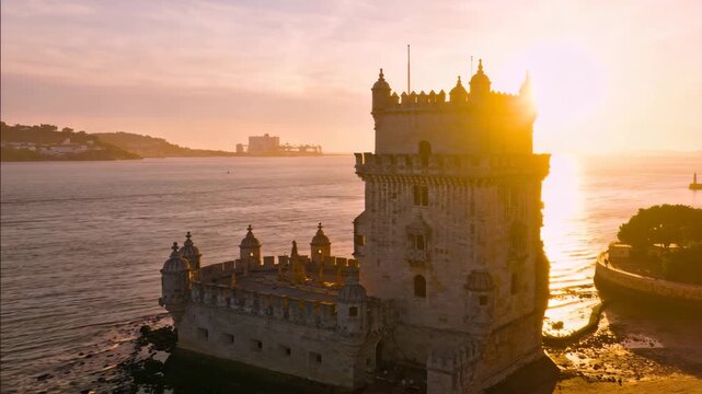 drone view of bel&eacute;m tower in lisbon portugal at golden-hour sunlight video