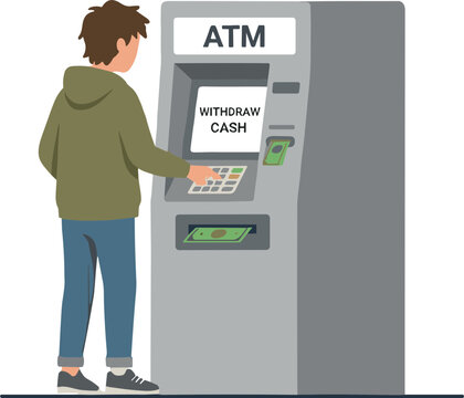 Man withdraws cash from an ATM machine on a street corner downtown.