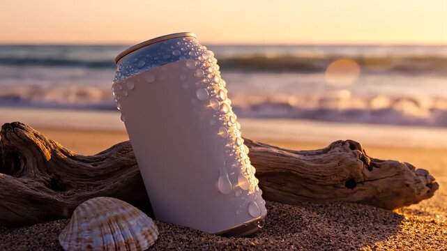 Cold Blank Beverage Can on Sandy Beach at Sunset