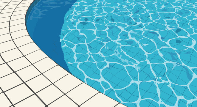 High angle view of a swimming pool with clear turquoise water showing light reflections and a curved edge with white tiles for summer.