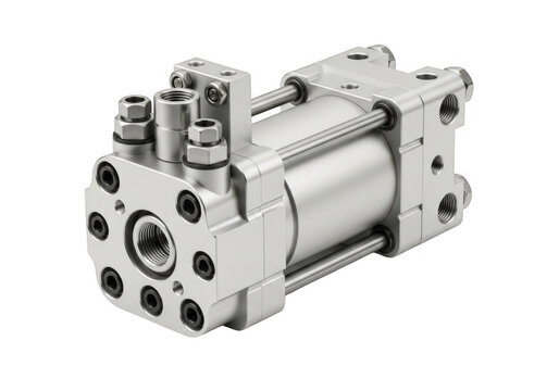 Pneumatic cylinder with metal body and mounting holes isolated on transparent background