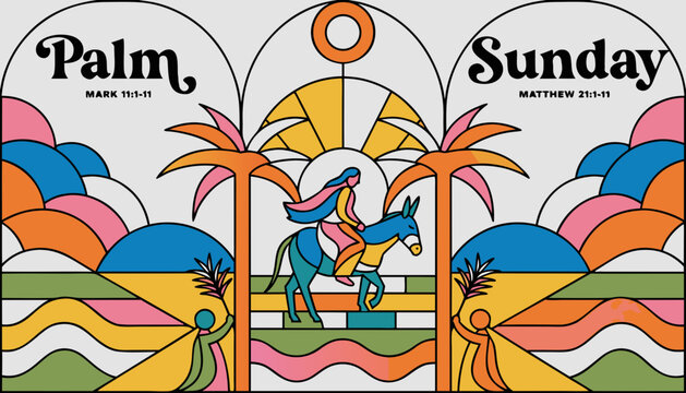Vibrant Palm Sunday illustration with a colorful stained glass design and a person riding a donkey surrounded by palm trees