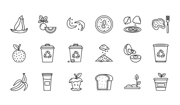 Organic waste and leftover food outline icon set with composting and biodegradable symbols
