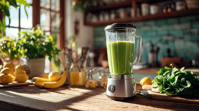 A blender filled with green smoothie ingredients sits on a kitchen counter surrounded by fresh fruits and vegetables.