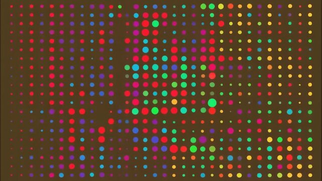 Abstract multicolored dot pattern with varying sizes of circles in red, blue, green, and yellow arranged in a grid on a dark beige background with a flickering visual effect.