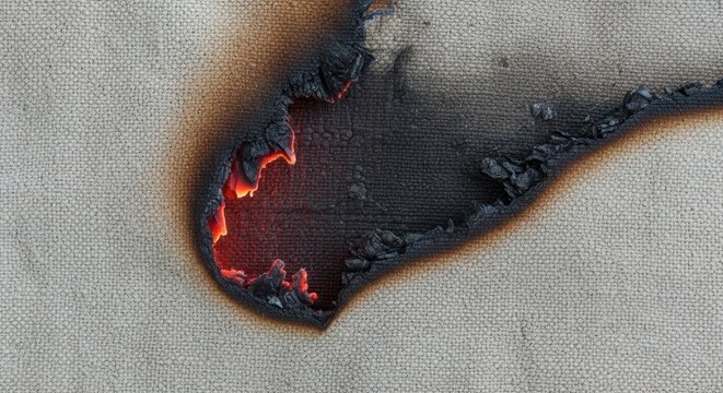 Burnt fabric with charred edges and glowing embers, revealing a textured surface underneath, showcasing damage from fire or heat exposure in a close-up view