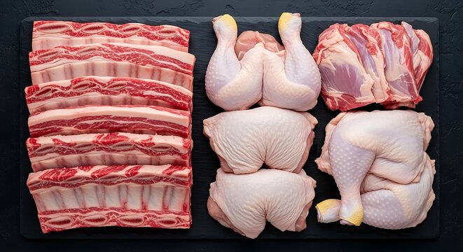 Overhead view of assorted raw meat cuts including beef ribs and chicken portions on a dark background with butcher shop