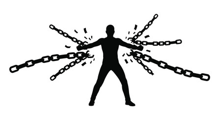Man breaking free from heavy chains with brute strength and determination in a powerful stance
