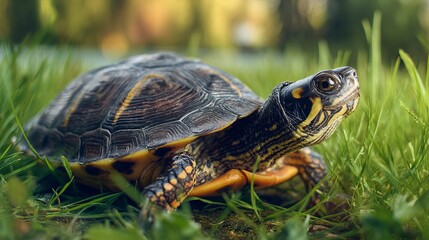 Naklejka premium A turtle is sitting in the green grass looking up at something