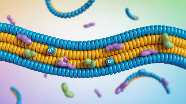 Colorful 3D illustration of cell membrane structure with proteins and lipids