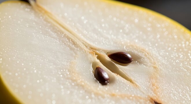 Extreme close-up of a sliced pear half revealing seeds and juicy flesh texture with cut fruit