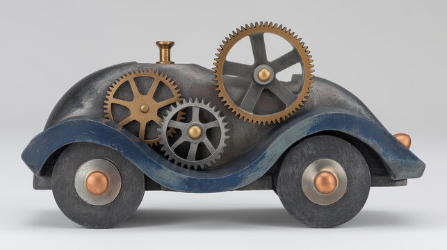 Mechanical Wonder: A whimsical, steampunk-inspired car model showcases intricate gears and detailed craftsmanship, representing the fusion of art and mechanics. 